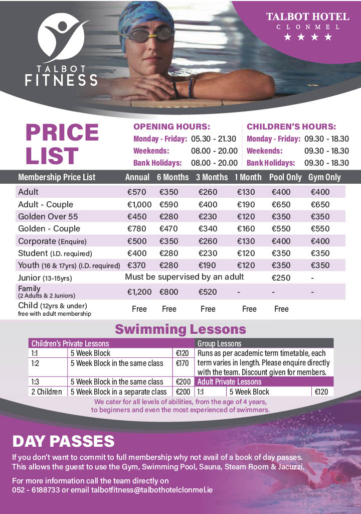 price list and swimming lessons