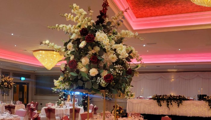 Flowers in ballroom www.talbothotelclonmel.ie